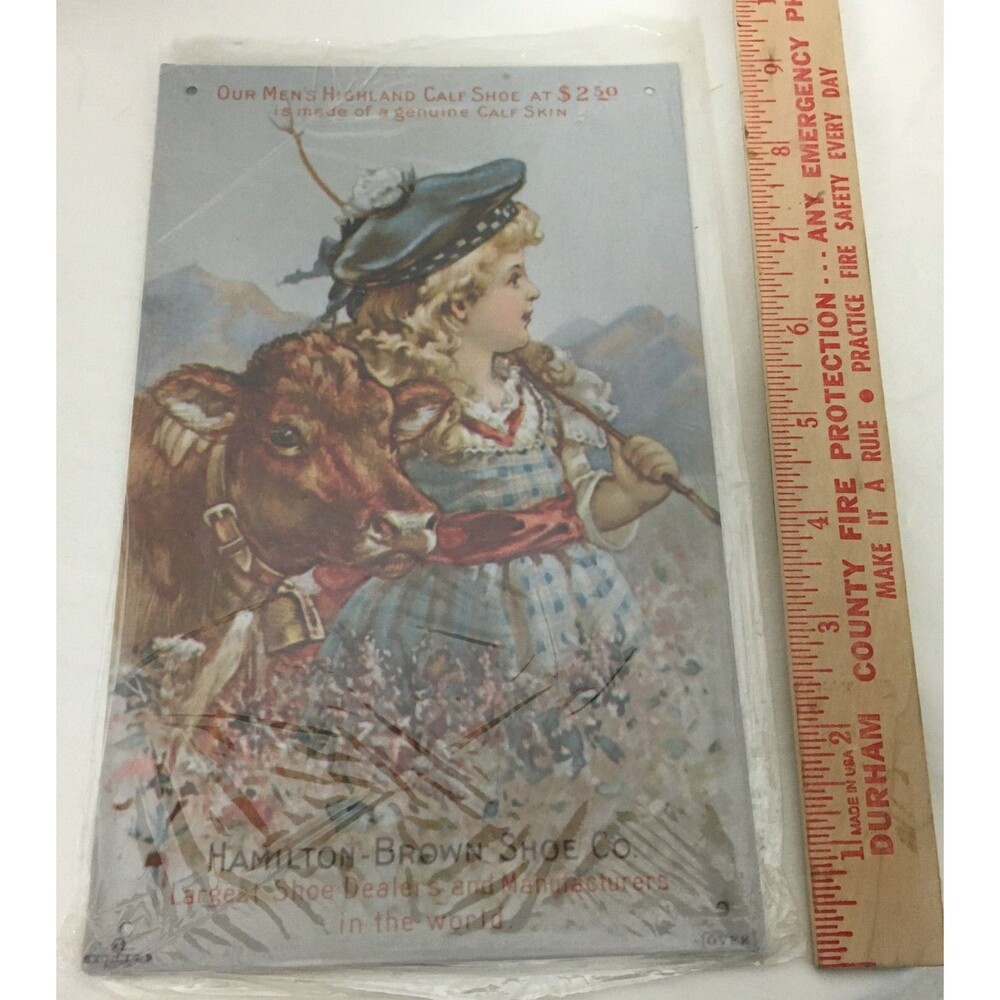 Hamilton-Brown Shoe Co. Vtg Antique Tin Sign Repro 9" x 6" NIP Girl and Calf Cow